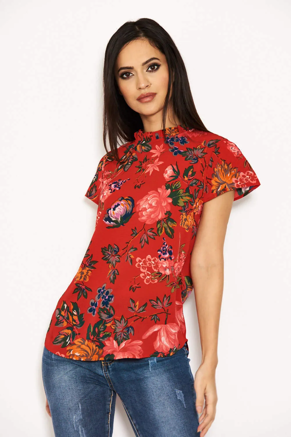 Red Floral High Neck Frill Top sold by AX Paris