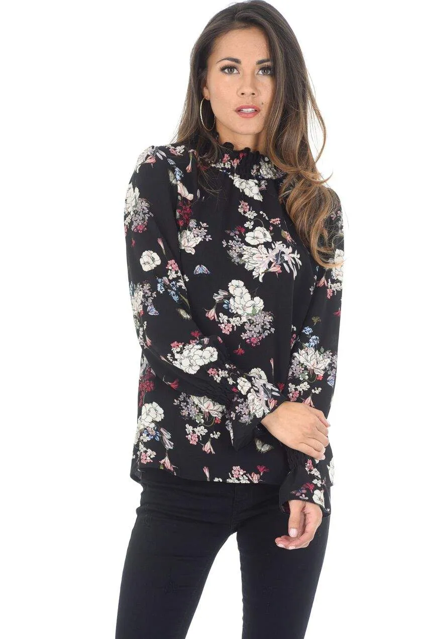 Black Floral High Neck Frill Top sold by AX Paris