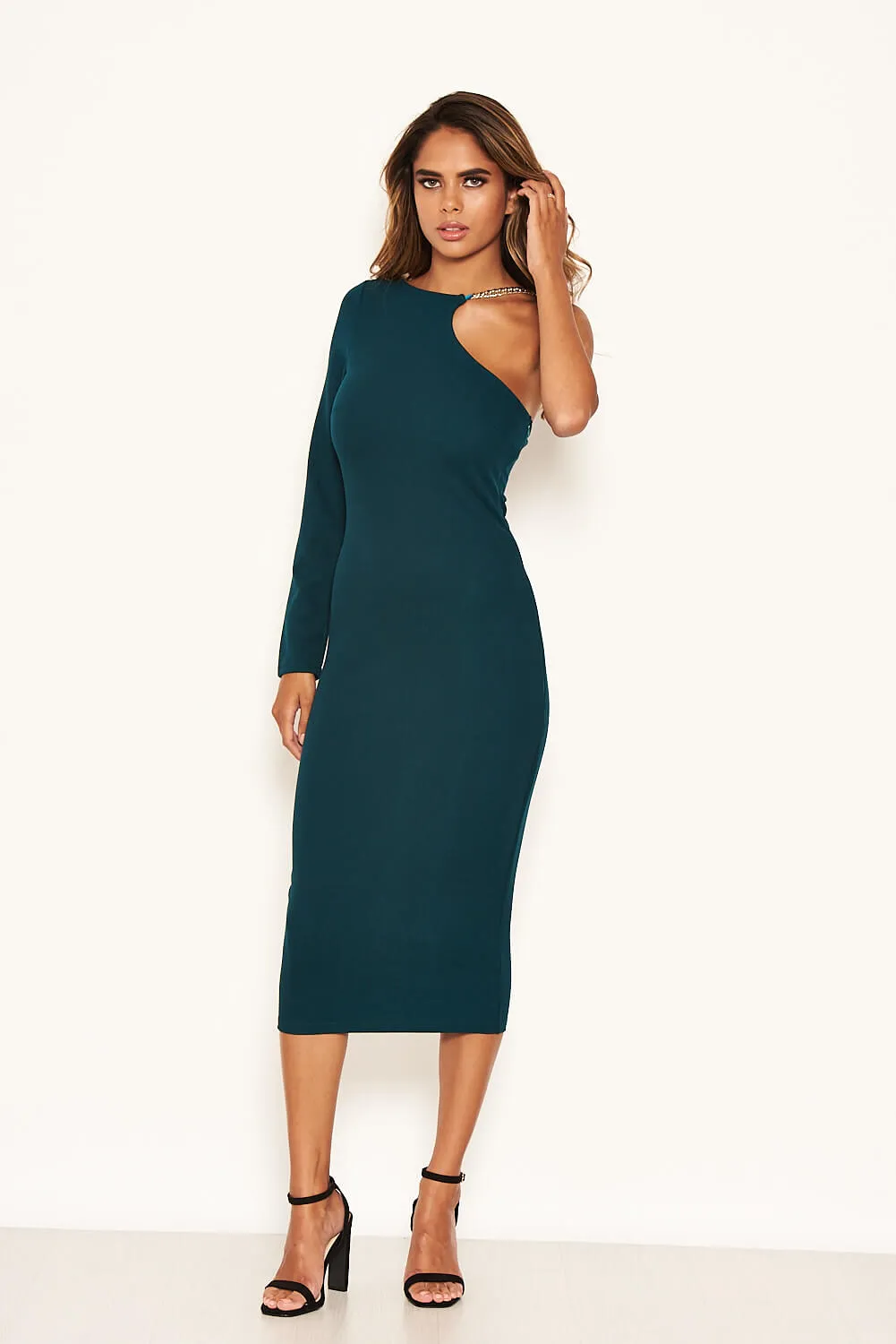 Teal One Shoulder Midi Dress With Chain Detail sold by AX Paris product image thumbnail 4