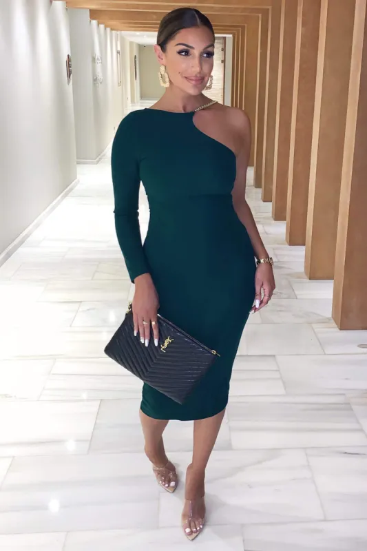 Teal One Shoulder Midi Dress With Chain Detail sold by AX Paris
