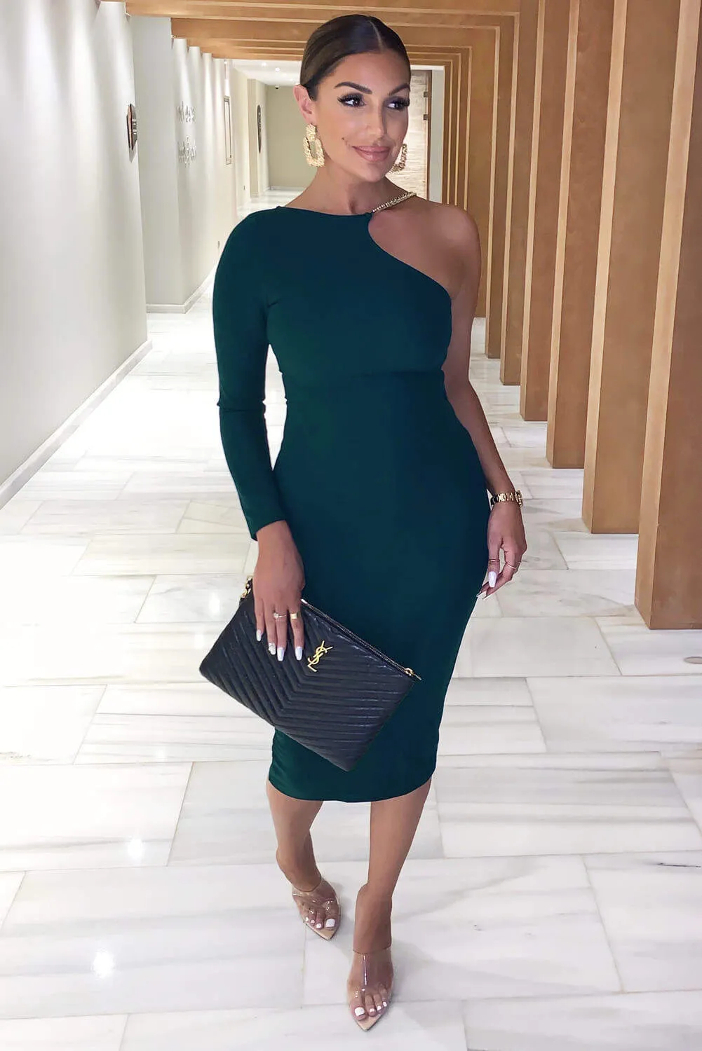 Teal One Shoulder Midi Dress With Chain Detail sold by AX Paris