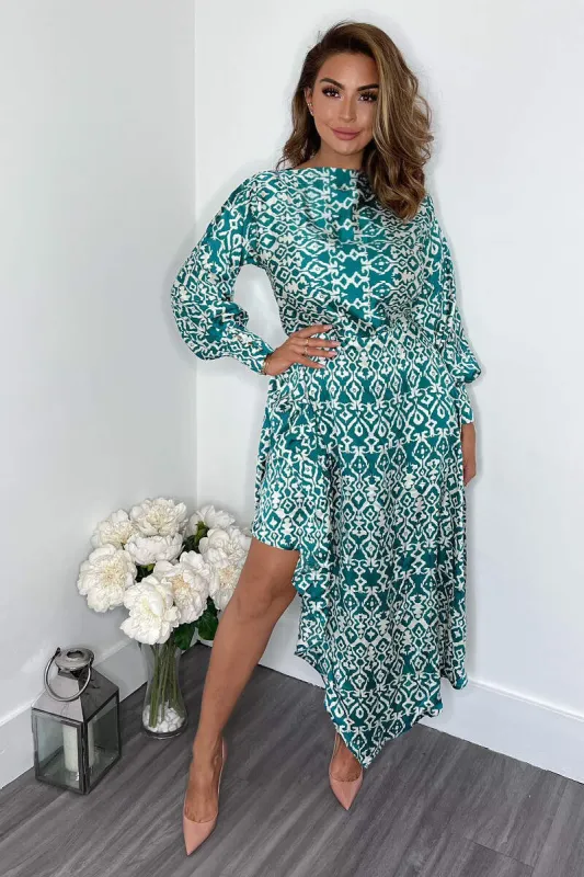 Green Printed Satin High Low Skirt Midi Dress sold by AX Paris