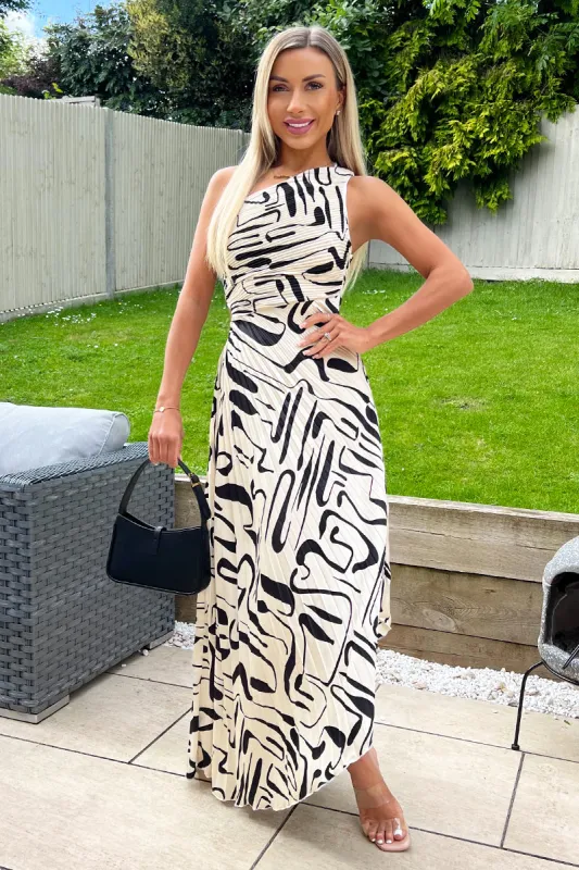 Black and Cream Printed One Shoulder Pleated Satin Midi Dress sold by AX Paris