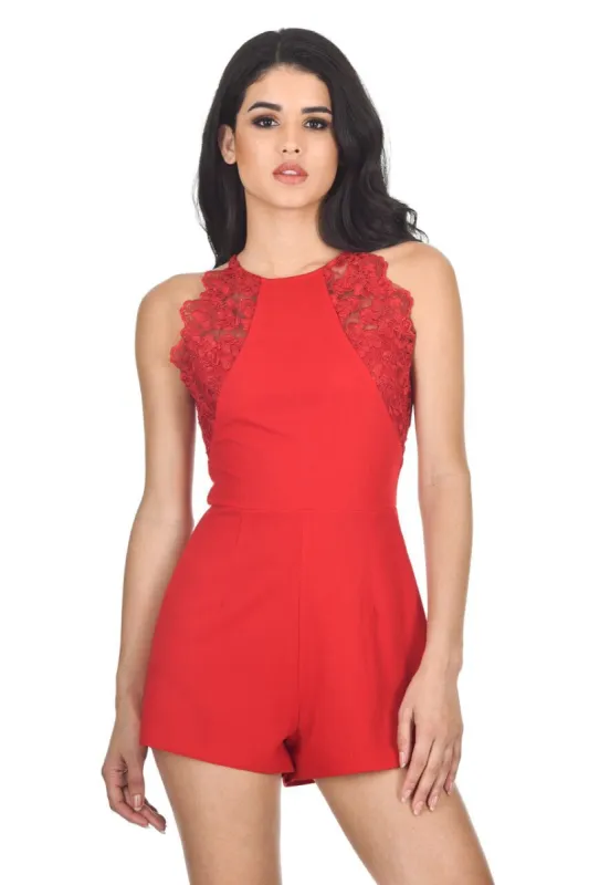 Red Lace Detail playsuit sold by AX Paris