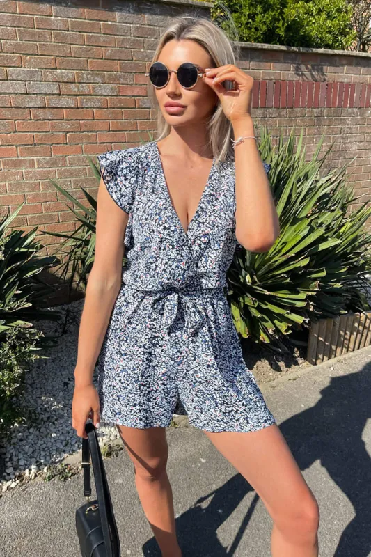Blue Printed Wrap Tie Waist Playsuit sold by AX Paris