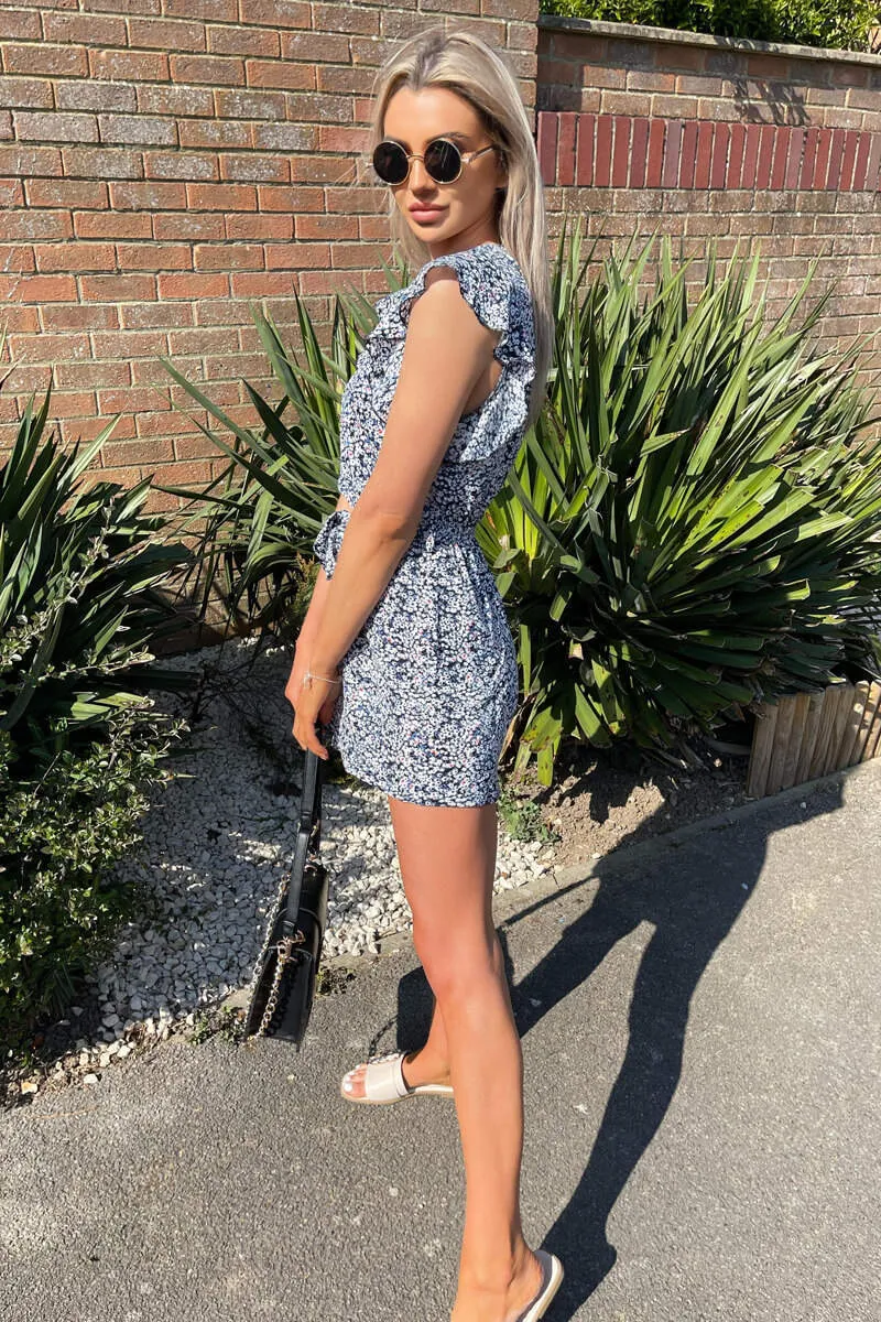 Blue Printed Wrap Tie Waist Playsuit sold by AX Paris product image thumbnail 5