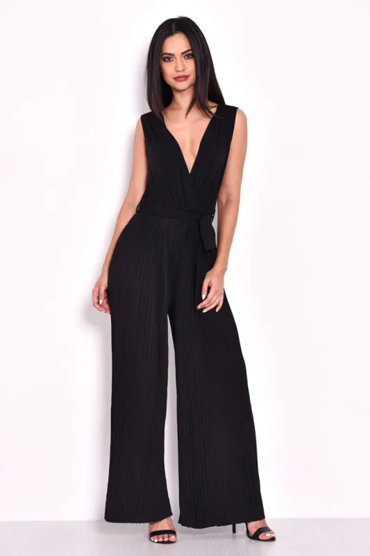 Black Pleated Tie-Waist Jumpsuit sold by AX Paris