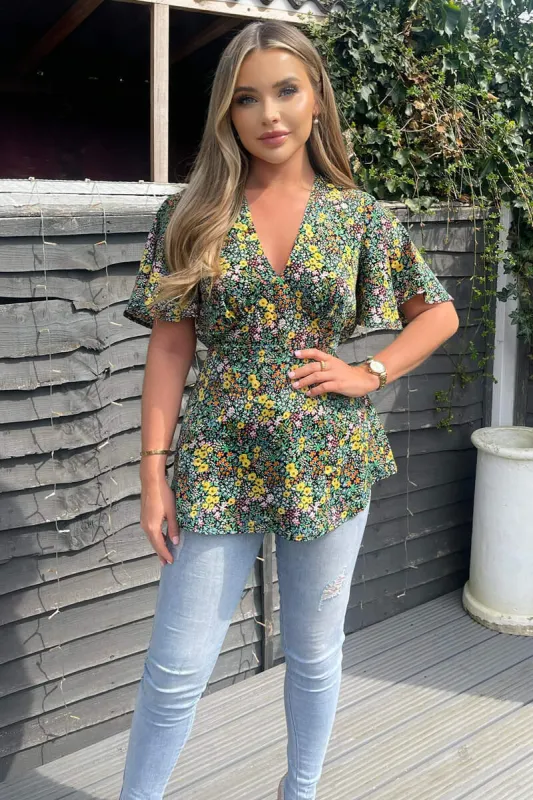 Black Ditsy Floral Printed Short Sleeve Top sold by AX Paris