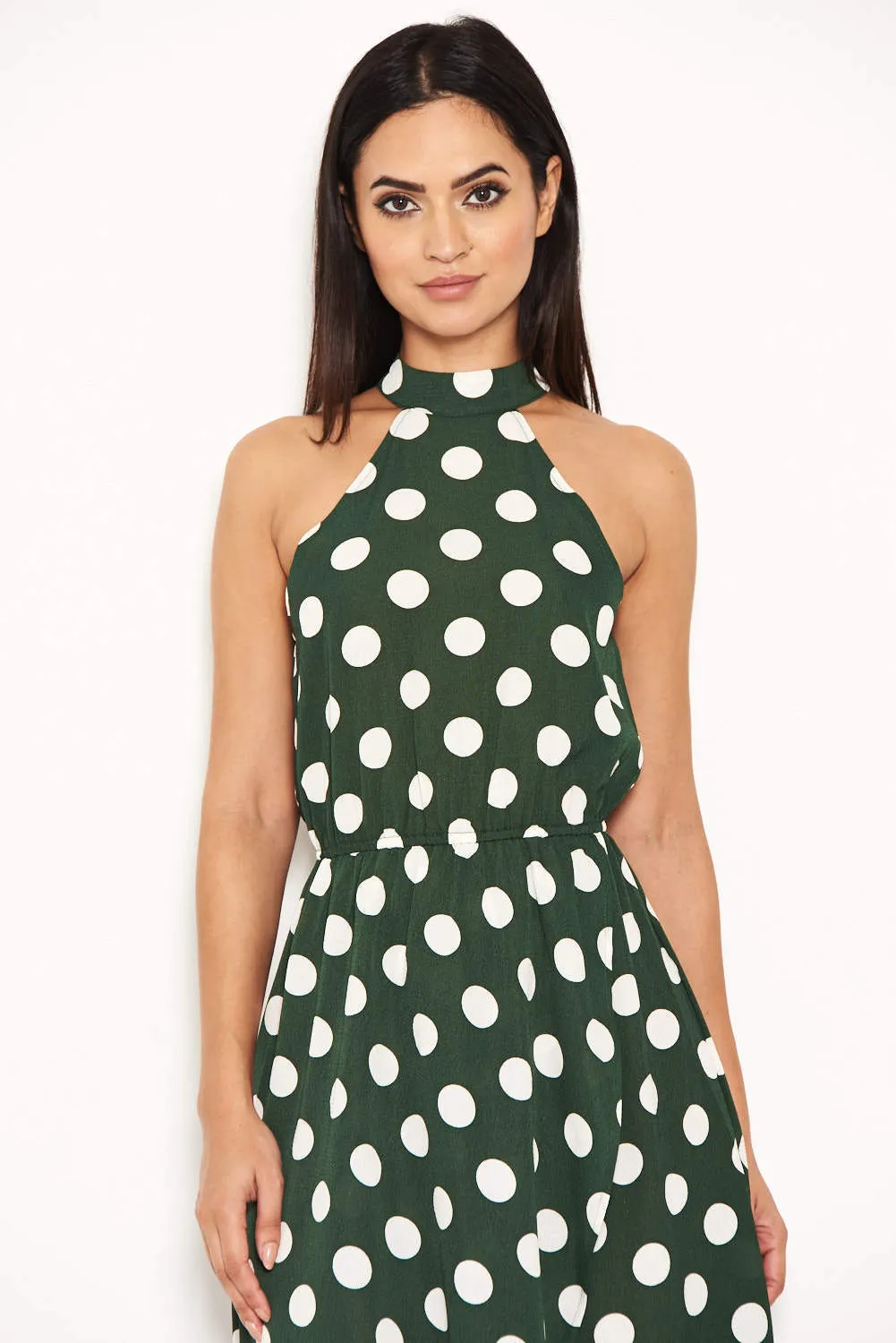 Green Polka Dot High Neck Wrap Dress sold by AX Paris product image thumbnail 4