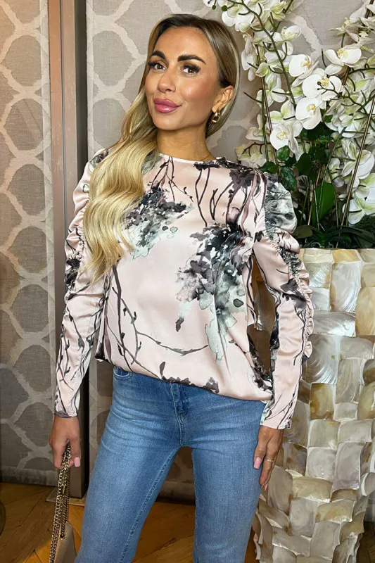 Dusty Pink Printed Ruched Sleeve Top sold by AX Paris