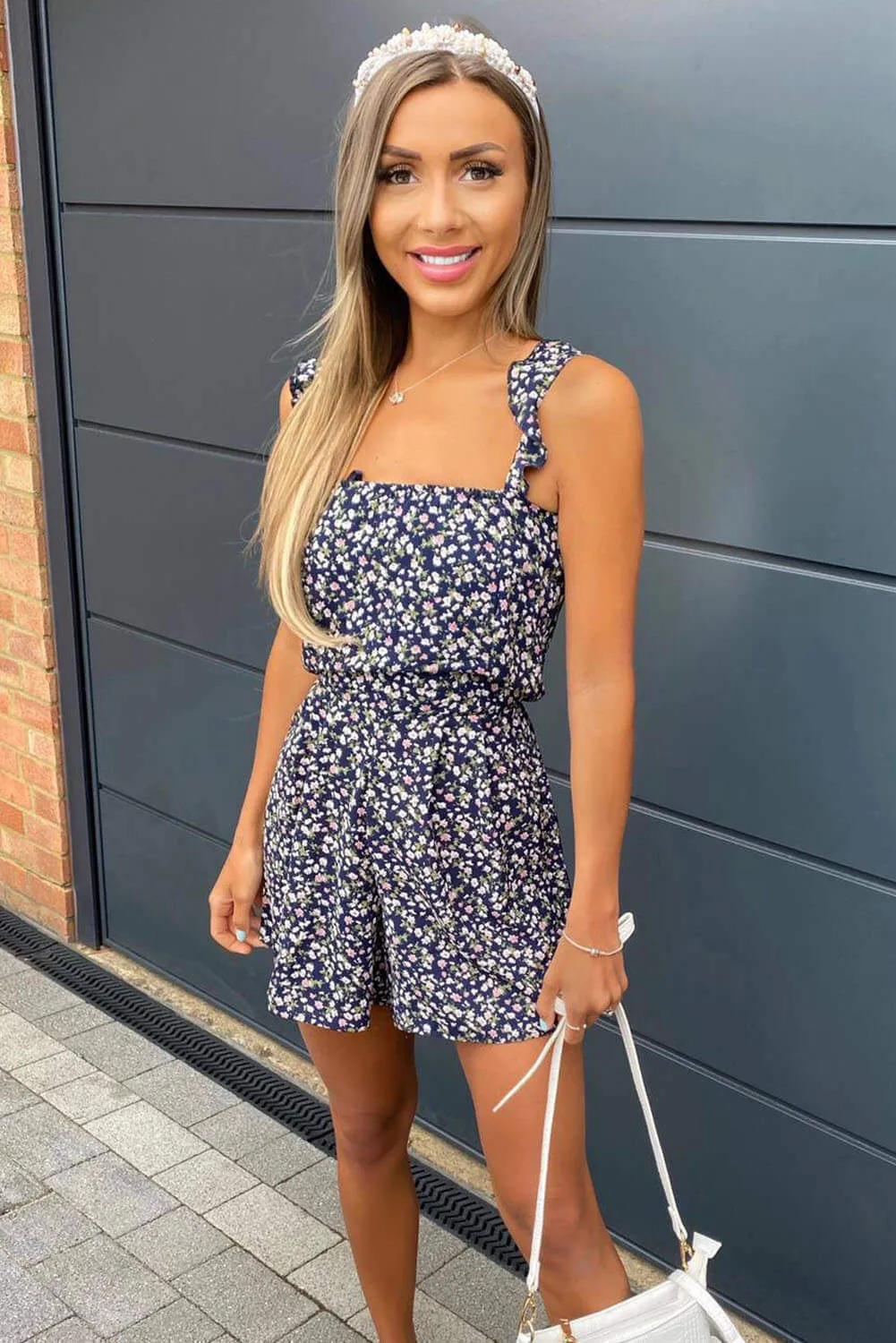 Navy Floral Playsuit sold by AX Paris