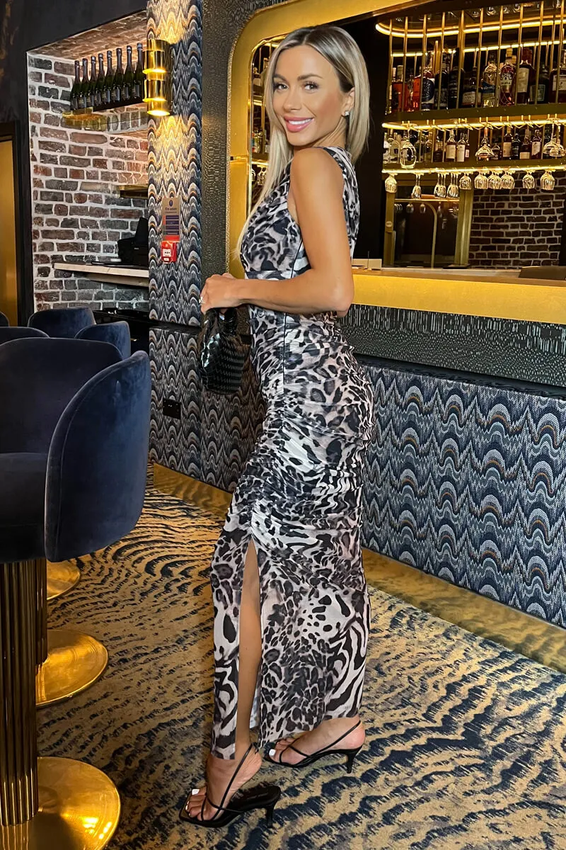 Multi Leopard Print Mesh Sleeveless Ruched Side Split Midi Dress sold by AX Paris product image thumbnail 3