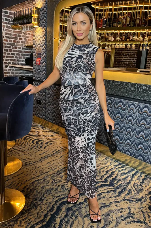 Multi Leopard Print Mesh Sleeveless Ruched Side Split Midi Dress sold by AX Paris