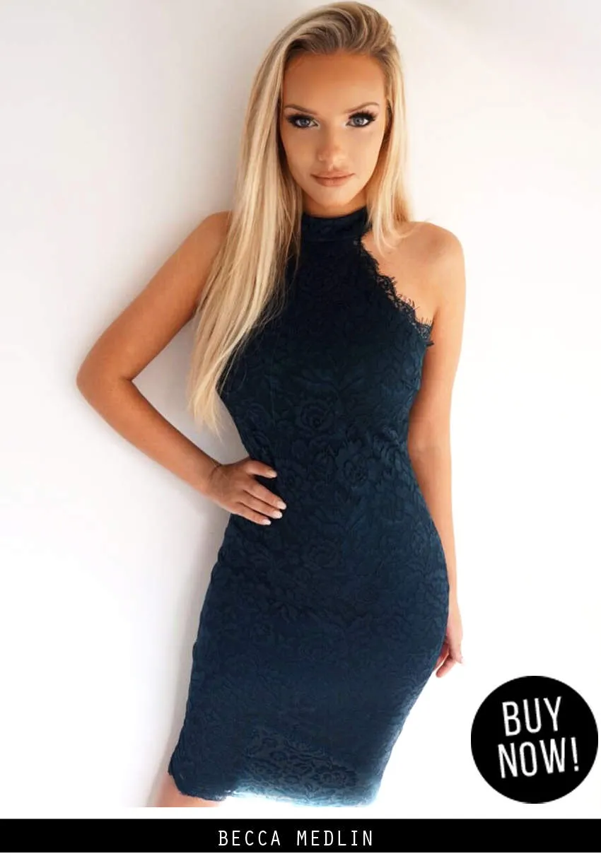 Navy High Neck Lace Midi Dress sold by AX Paris