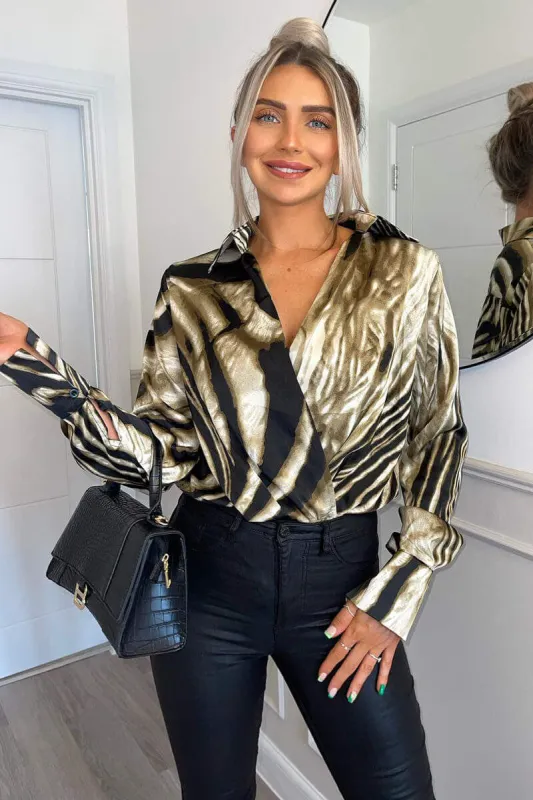 Brown Printed Wrap Top Long Sleeve Bodysuit sold by AX Paris