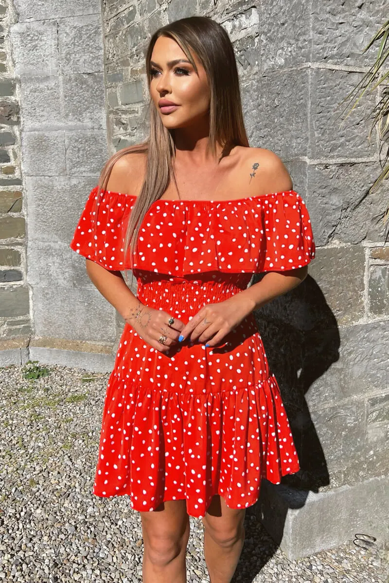 Red And White Polka Dot Bardot Style Mini Dress sold by AX Paris product image thumbnail 2
