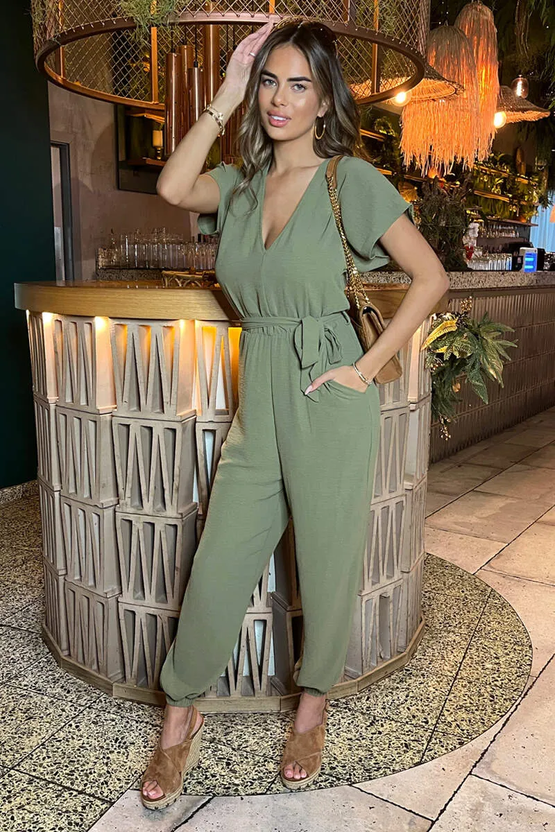 Khaki V-Neck Short Sleeve Belted Elasticated Cuff Jumpsuit sold by AX Paris product image thumbnail 4