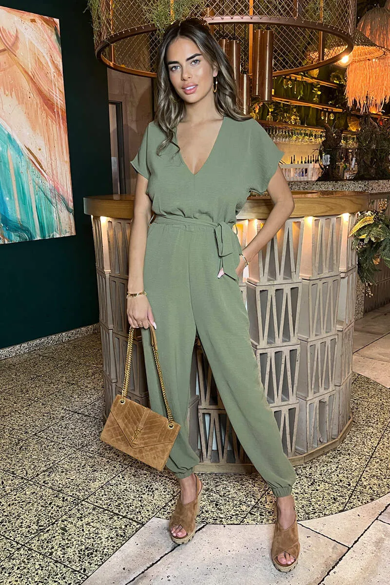 Khaki V-Neck Short Sleeve Belted Elasticated Cuff Jumpsuit sold by AX Paris