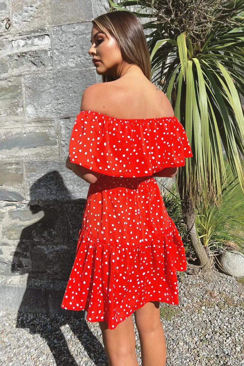 Red And White Polka Dot Bardot Style Mini Dress sold by AX Paris product image thumbnail 4