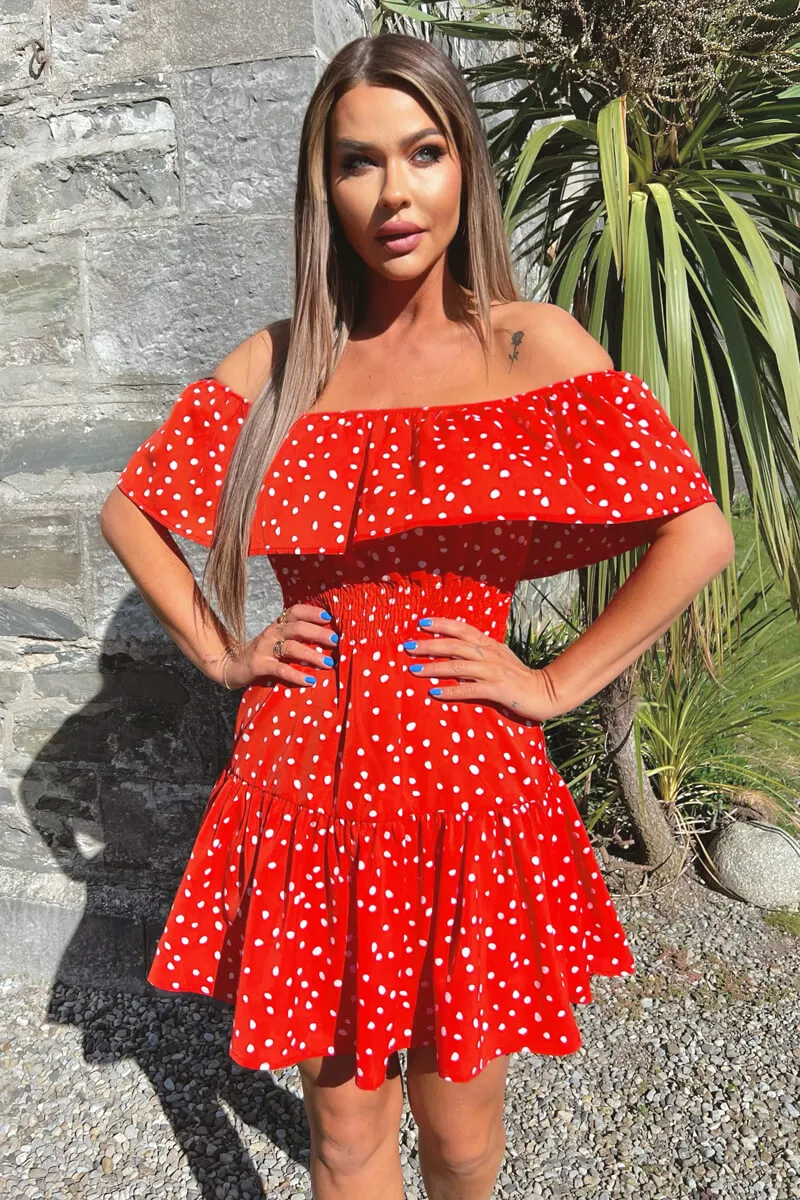 Red And White Polka Dot Bardot Style Mini Dress sold by AX Paris