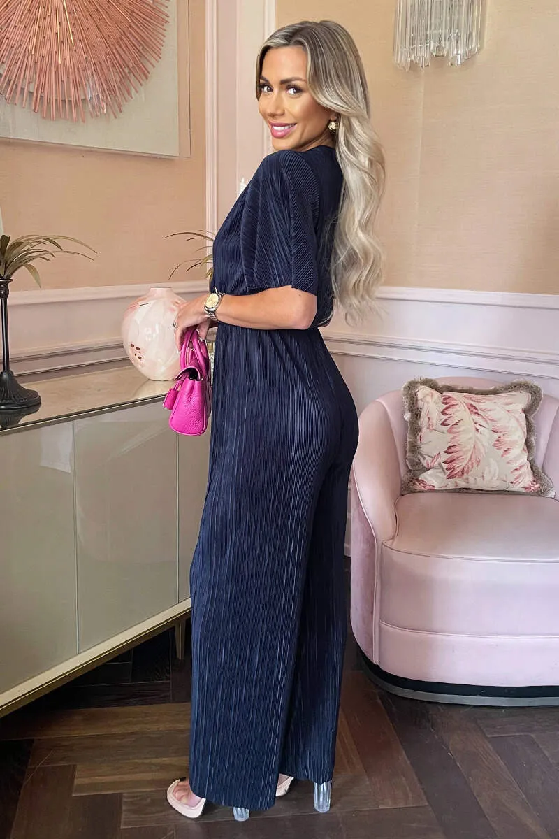 Navy Wrap Top Short Sleeve Plisse Jumpsuit sold by AX Paris product image thumbnail 4