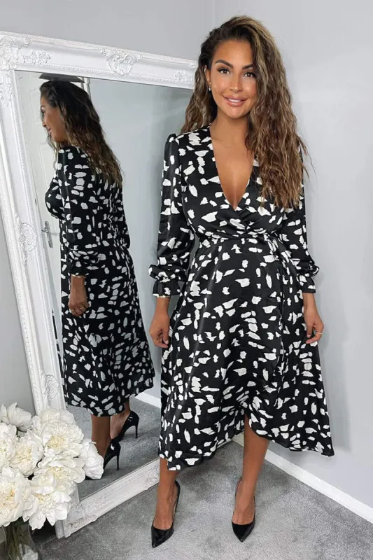 Black and White Printed Wrap Midi Dress sold by AX Paris