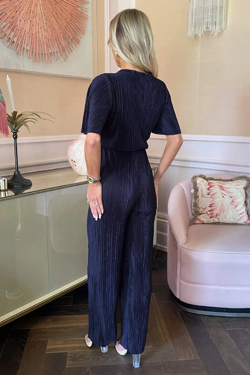 Navy Wrap Top Short Sleeve Plisse Jumpsuit sold by AX Paris product image thumbnail 5