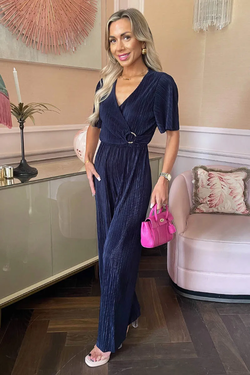 Navy Wrap Top Short Sleeve Plisse Jumpsuit sold by AX Paris product image thumbnail 2
