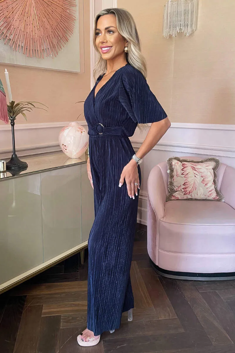Navy Wrap Top Short Sleeve Plisse Jumpsuit sold by AX Paris product image thumbnail 3