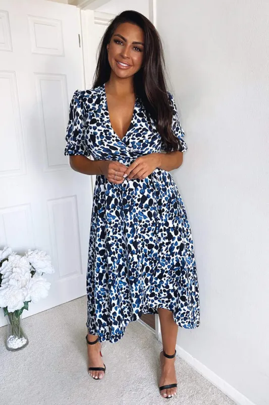 Blue Printed Wrap Tie Midi Dress sold by AX Paris