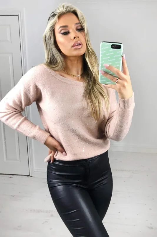 Misty Rose Sequin Off The Shoulder Knit Jumper sold by AX Paris