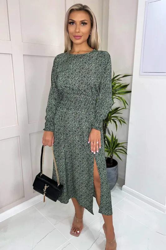 Sage And Black Printed Elasticated Waist Midi Dress sold by AX Paris