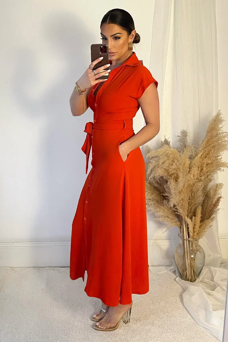 Burnt Orange Tie Waist Button Up Midi Dress sold by AX Paris product image thumbnail 4