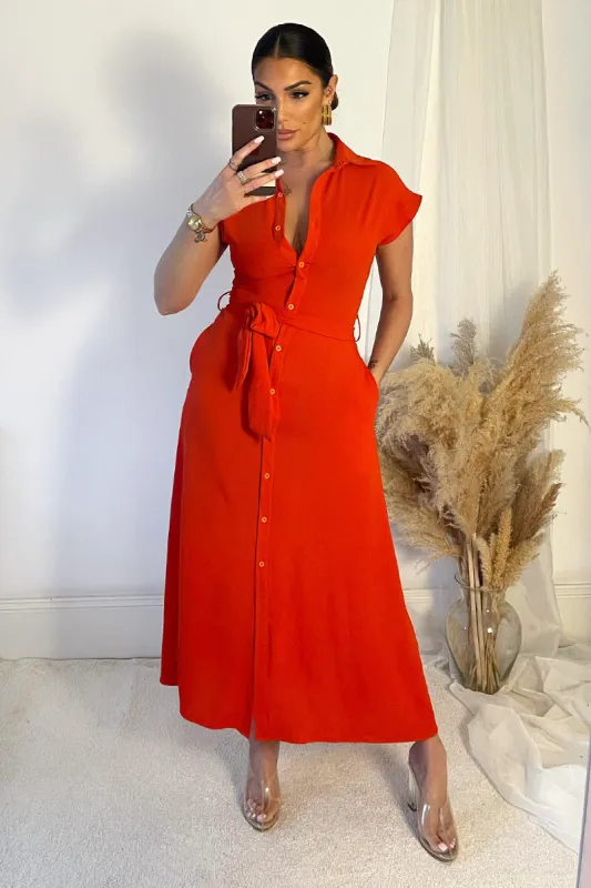 Burnt Orange Tie Waist Button Up Midi Dress made by AX Paris