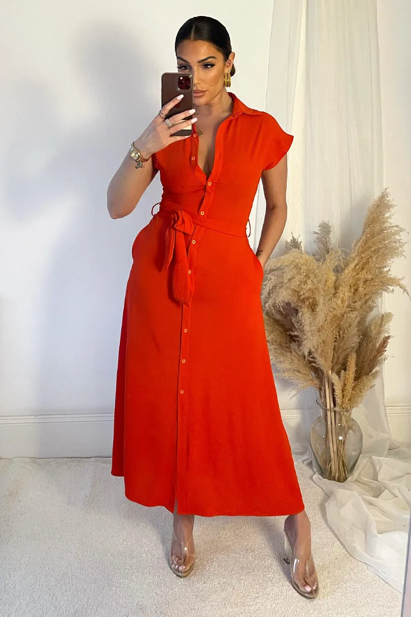 Burnt Orange Tie Waist Button Up Midi Dress sold by AX Paris