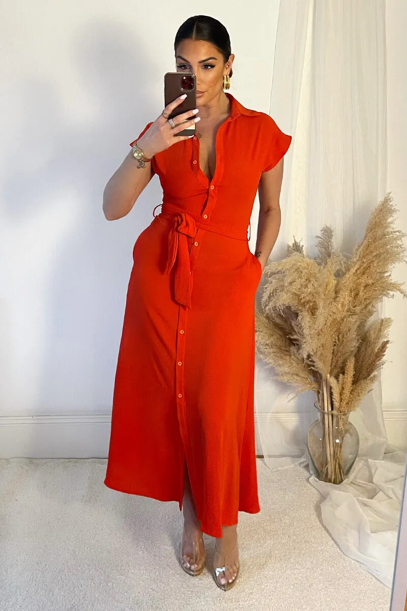 Burnt Orange Tie Waist Button Up Midi Dress sold by AX Paris product image thumbnail 2