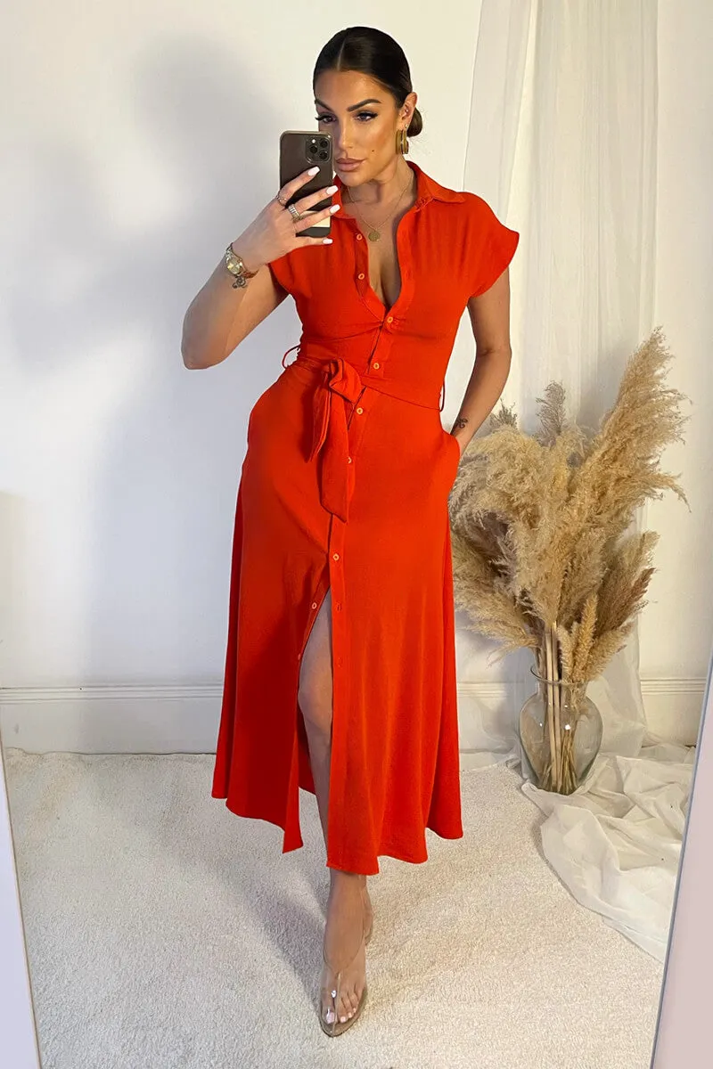Burnt Orange Tie Waist Button Up Midi Dress sold by AX Paris product image thumbnail 3