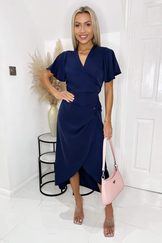 Navy Short Sleeve V Neck Gold Buckle Wrap Midi Dress sold by AX Paris