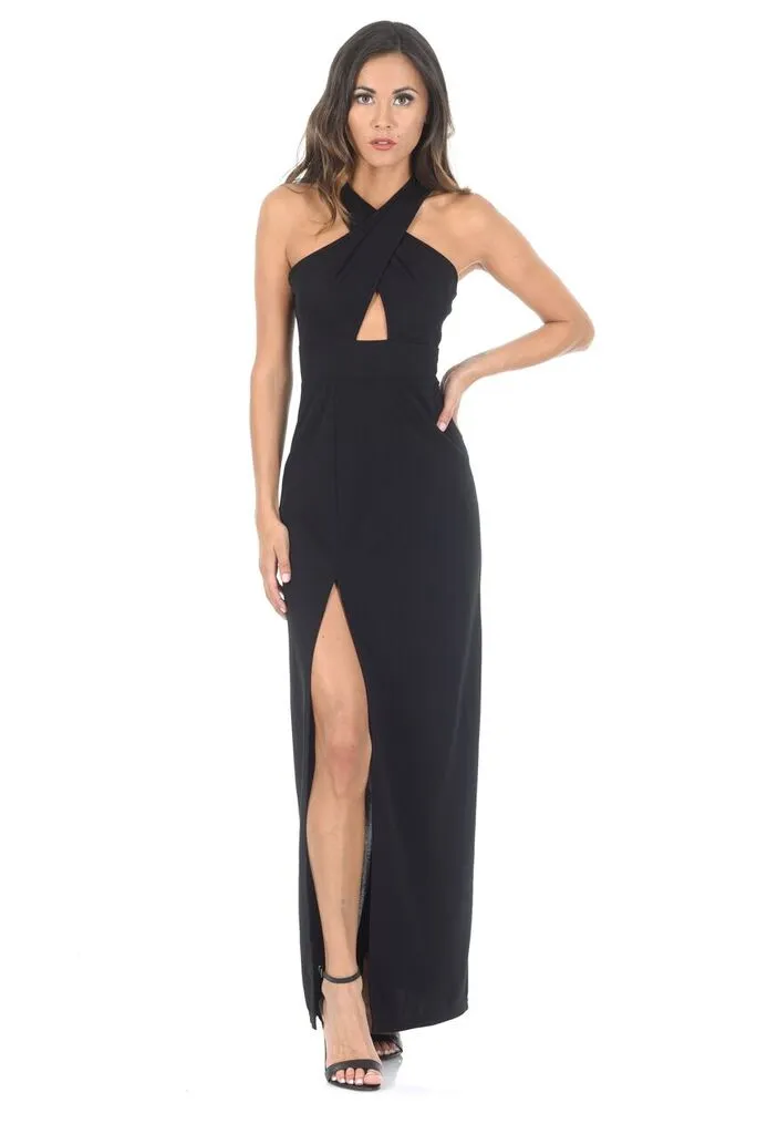 Black Maxi Dress With A Thigh High Split sold by AX Paris
