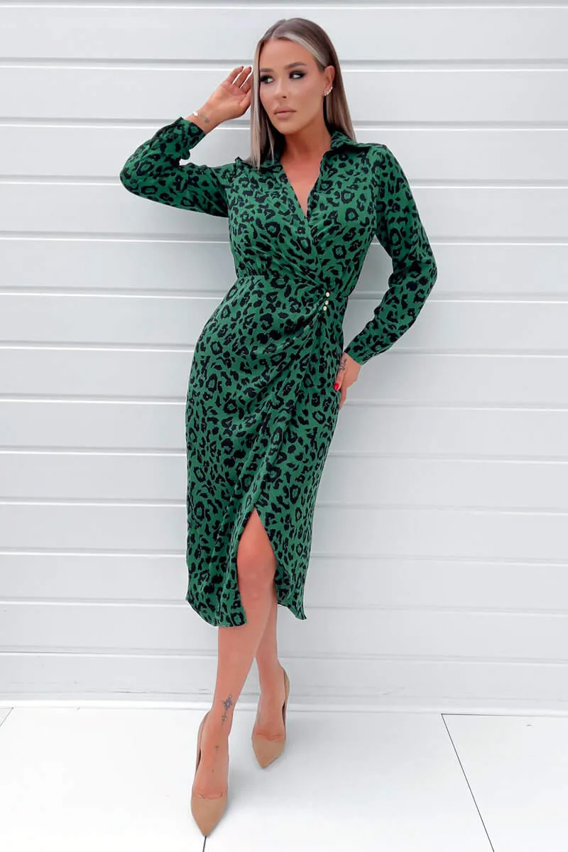 Green Animal Print Gold Button Gathered Midi Dress sold by AX Paris product image thumbnail 4
