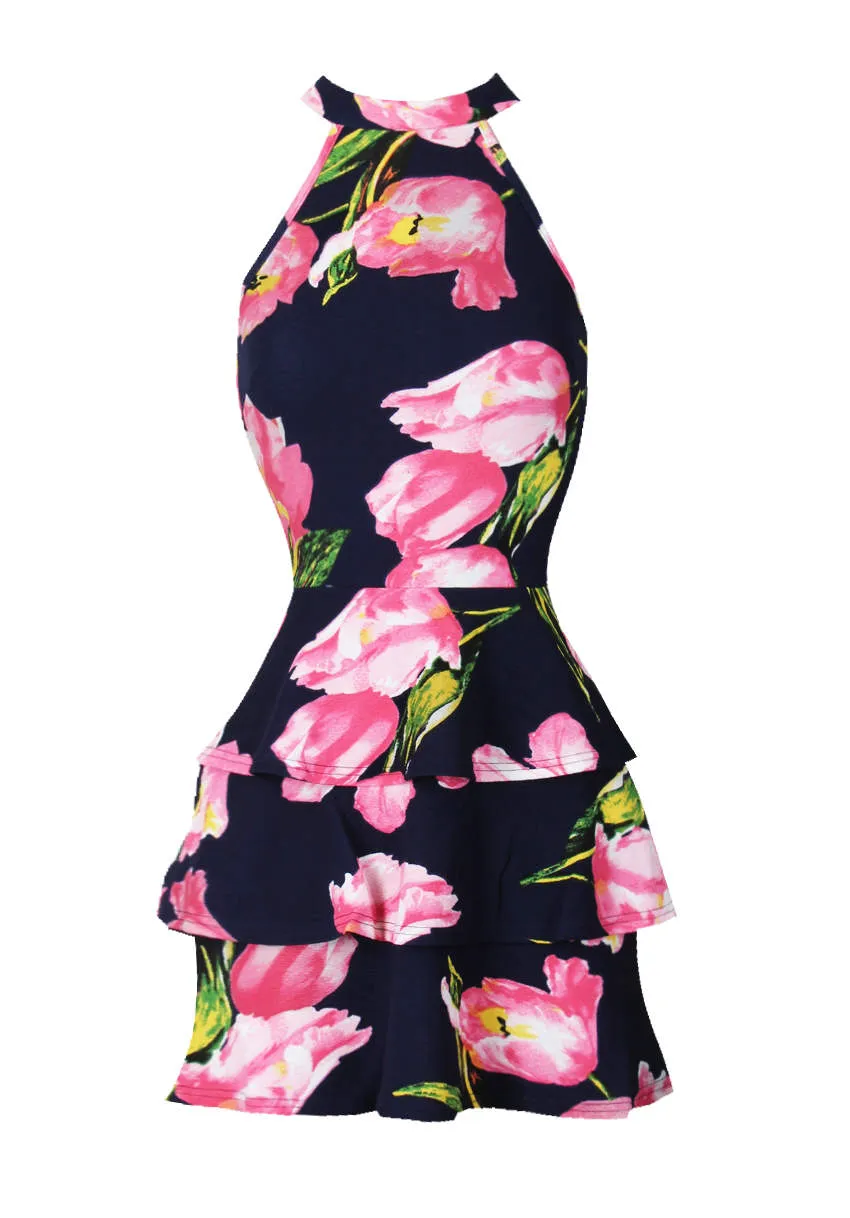 Navy Floral Print Tiered Mini Dress sold by AX Paris product image thumbnail 4