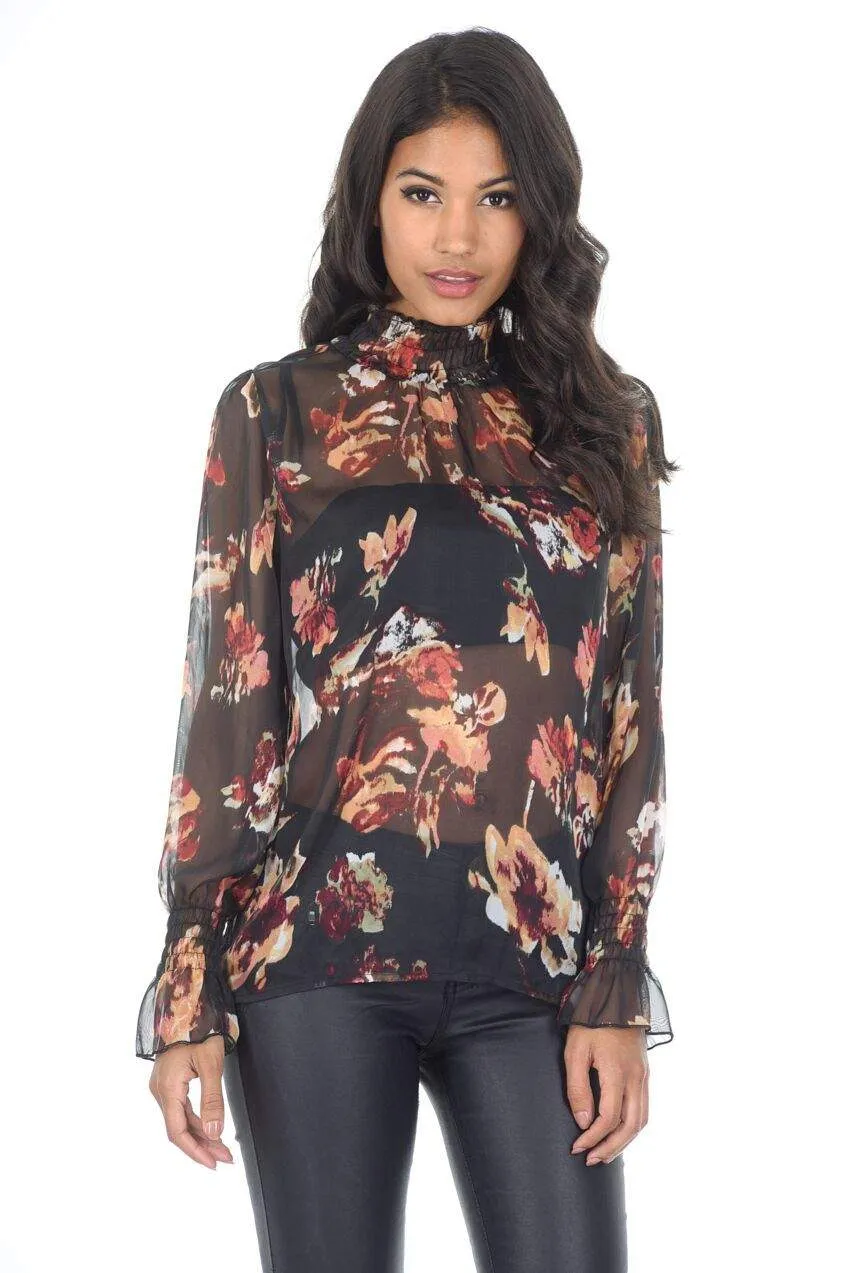 Floral Frill Black High Neck Top sold by AX Paris