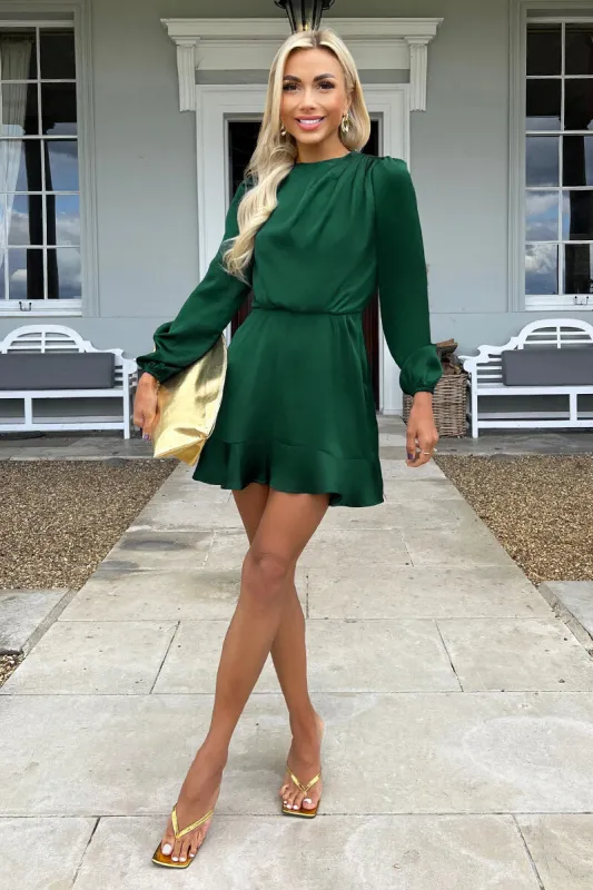 Teal Satin Long Sleeve Pleated Shoulder Mini Dress sold by AX Paris