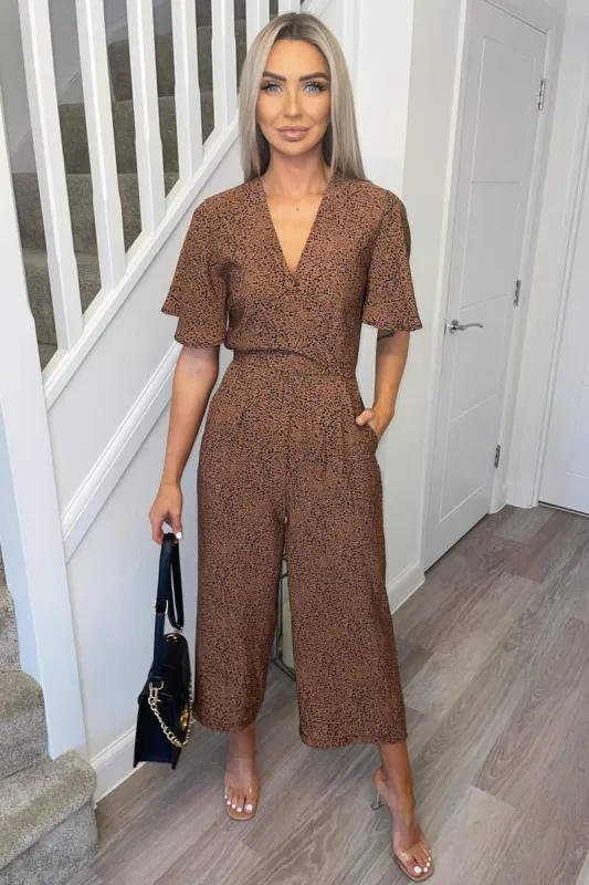 Tan Printed Wrap Top Jumpsuit sold by AX Paris