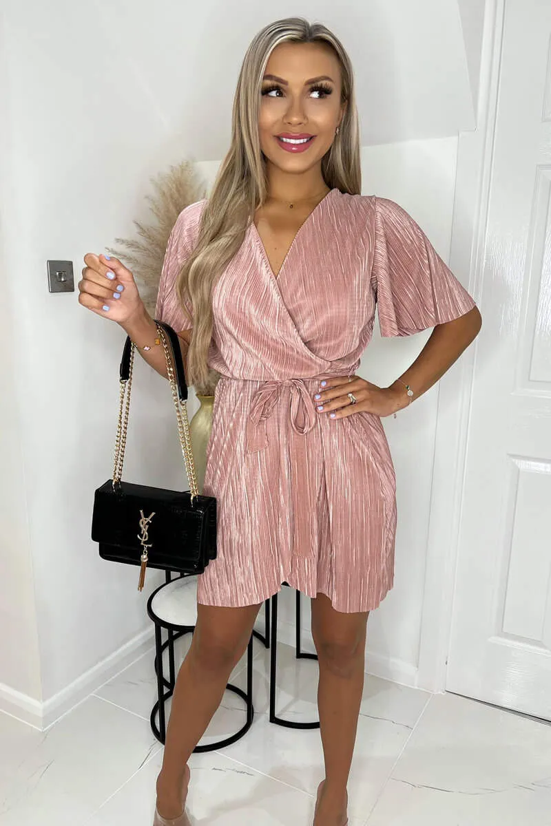 Champagne Wrap Top Belted Short Sleeve Plisse Mini Dress sold by AX Paris product image thumbnail 2