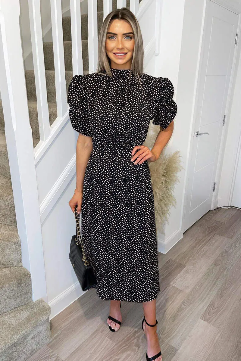 Black and Pink Polka Dot Puff Sleeve Midi Dress sold by AX Paris