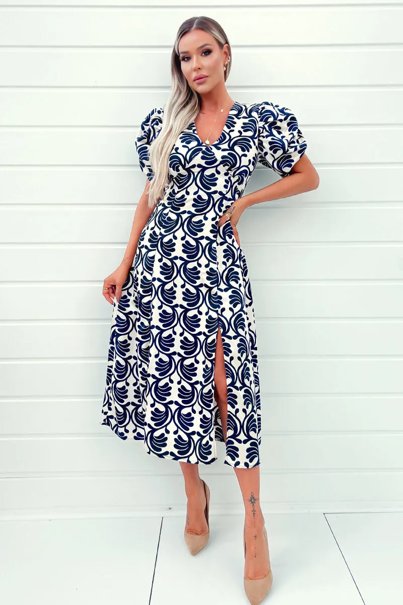 Stone And Navy Printed Short Puff Sleeve V Neck Midi Dress sold by AX Paris product image thumbnail 2