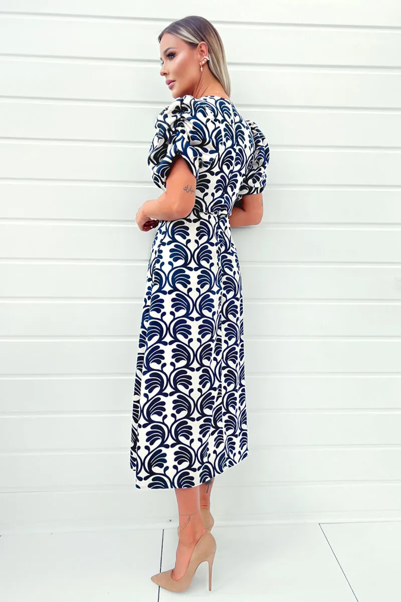 Stone And Navy Printed Short Puff Sleeve V Neck Midi Dress sold by AX Paris product image thumbnail 4