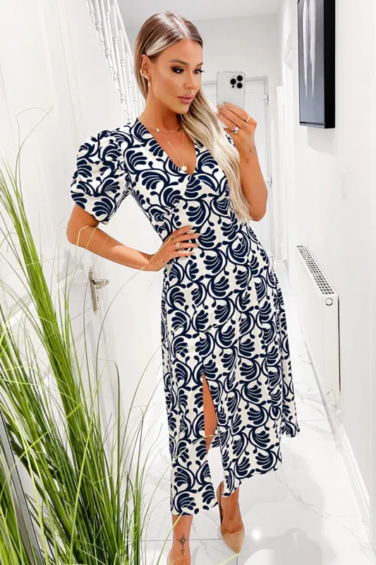 Stone And Navy Printed Short Puff Sleeve V Neck Midi Dress sold by AX Paris