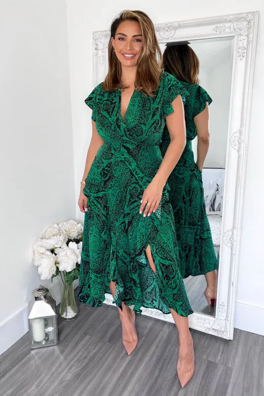 Green Printed Double Frill Split Midi Dress sold by AX Paris